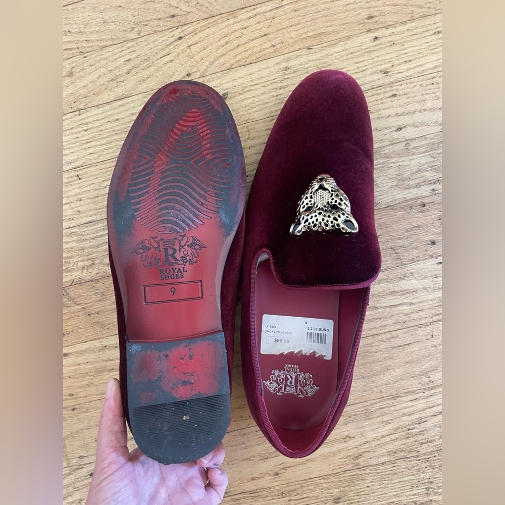 Burgundy Velvet Loafers with Leopard Accent